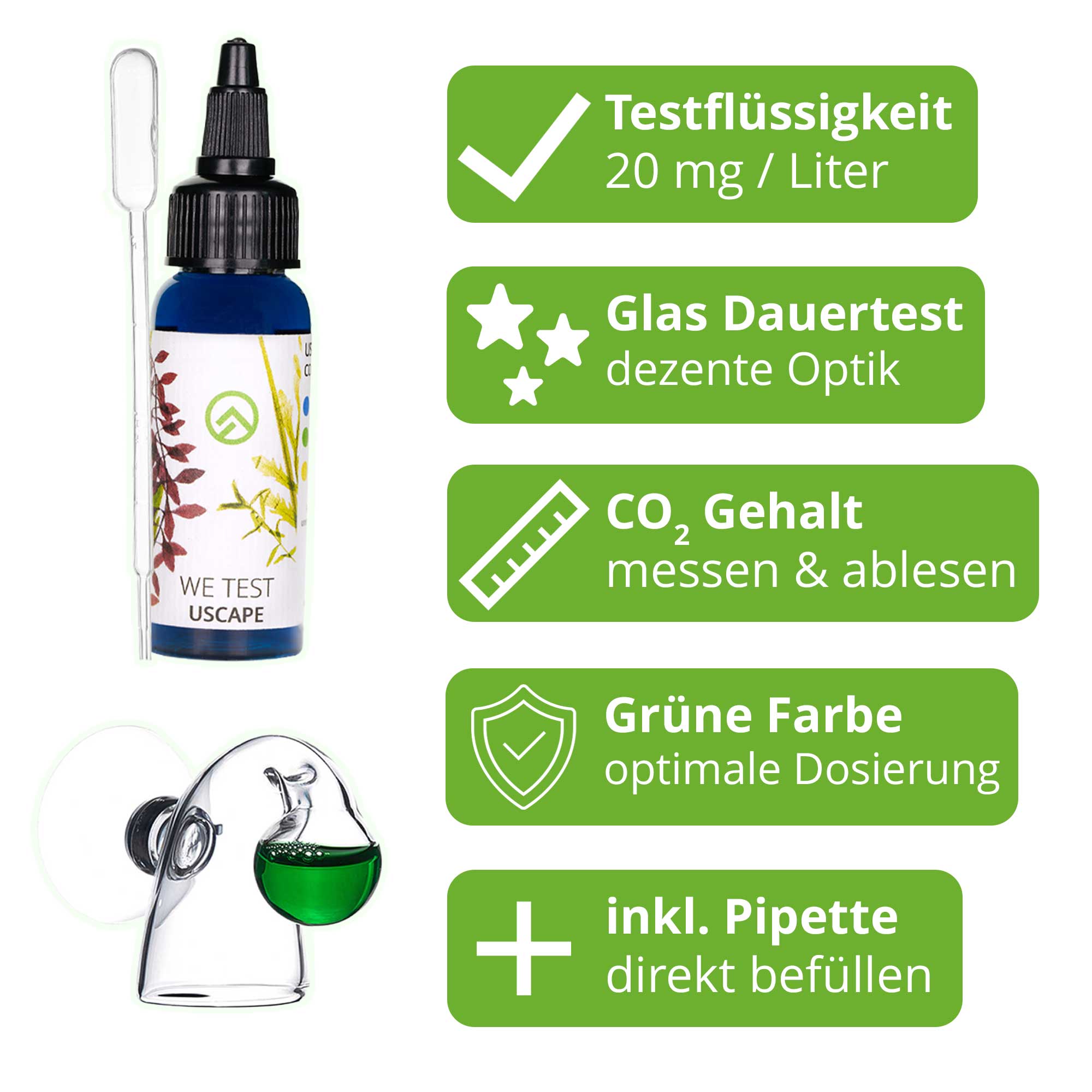 co2 dauertest glas mit co2 testfluessigkeit 20-30mg/l