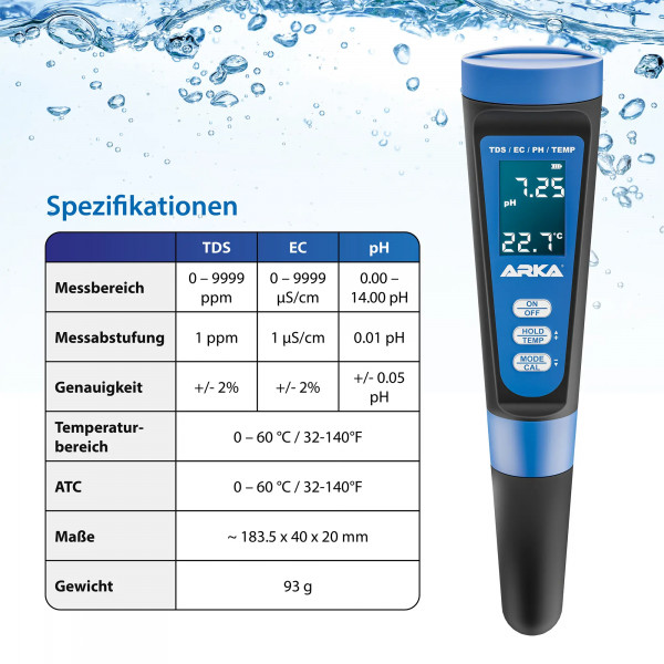 ARKA myAQUA® pH/TDS/EC-Messgerät Genauigkeit